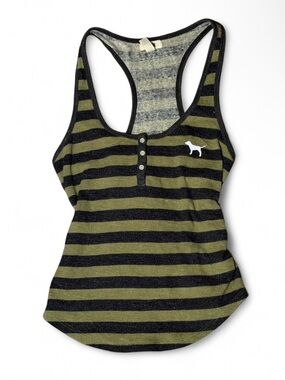 PINK Victoria's Secret Olive Green Black Striped Racerback Henley Tank